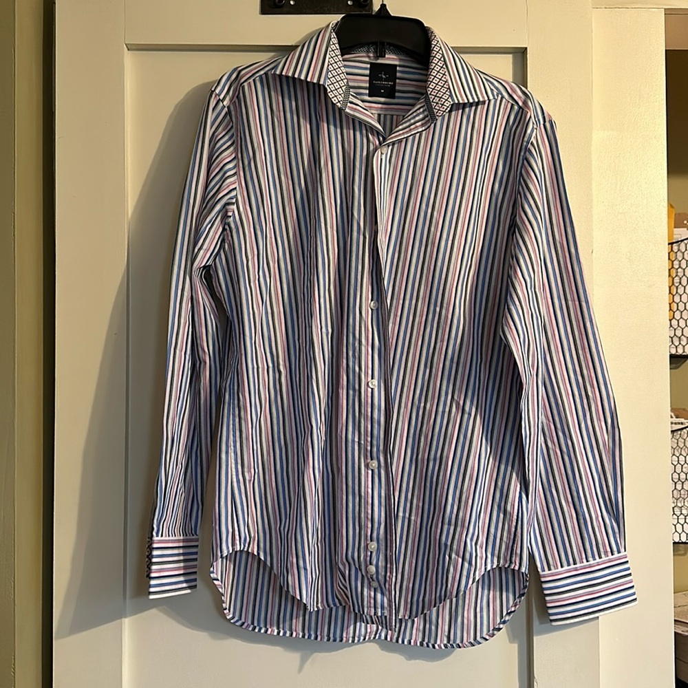 Pink, green, gray, and blue striped Tailorbyrd button down shirt—size M